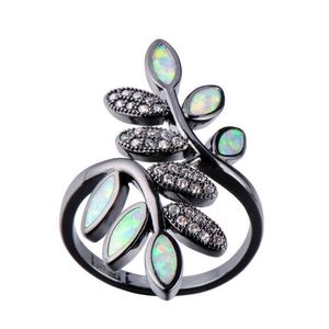 Black Gold Filled White Opal Leaf Ring